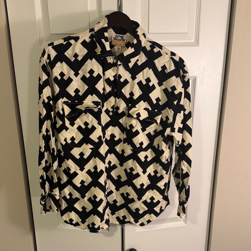 Black and White Geometric Button-Up Shirt